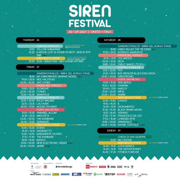 Siren Festival 2018,  Vasto - Line up ed Orari definitivi - Al via domani, 26 Luglio la Quinta Edizione del festival!
